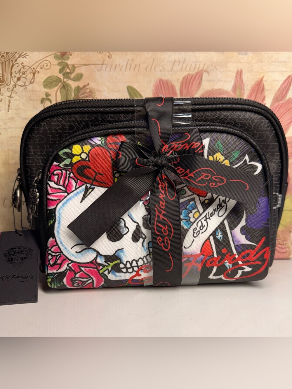 Ed Hardy Black Floral Skull Cosmetic Pouchs with Red Ribbon- Set of 2. New